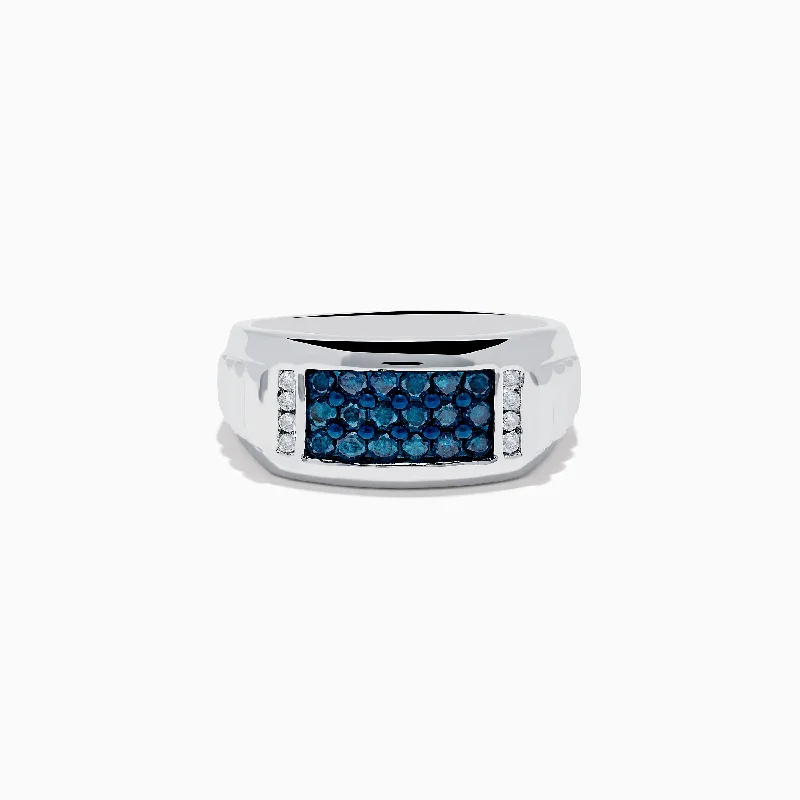 deep blue sapphire engagement ring for women-Men's 14K White Gold Blue and White Diamond Ring