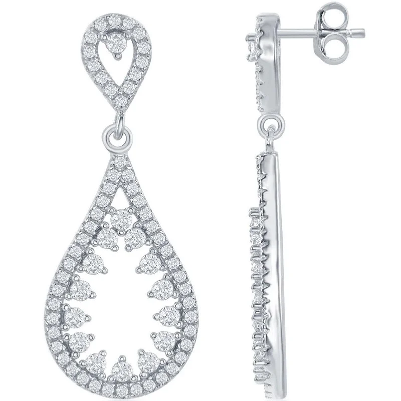 silver ladies earrings-Classic Women's Earrings - Sterling Silver Open Teardrop with White CZ Center | D-6387