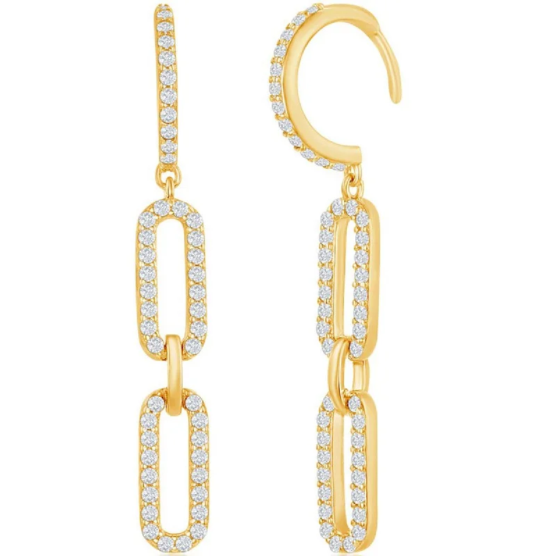 micro-pave ladies earrings-Classic Women's Earrings - Gold Plated Double Link White CZ Paperclip | D-7816-GP