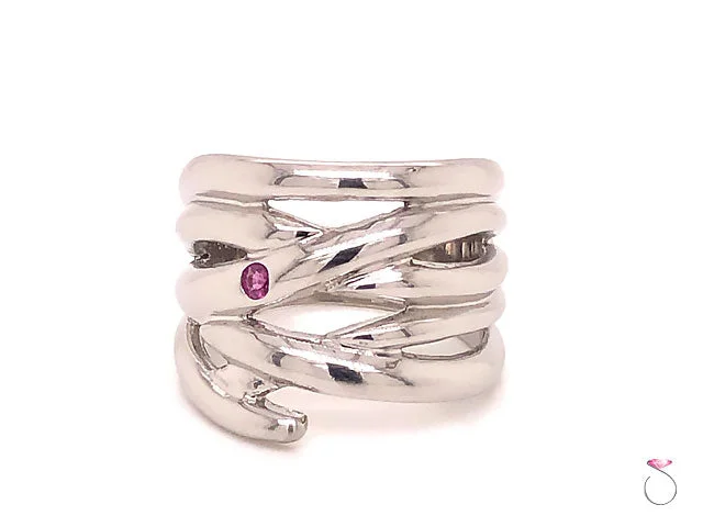 radiant-cut ladies ring-Designer Platinum Ruby Wide Fashion Band