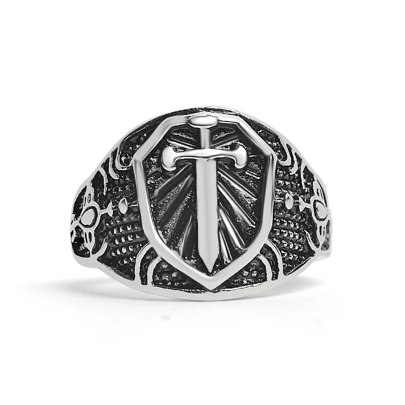 celestial theme ladies ring-Stainless Steel Medieval Sword and Shield Signet Ring / SCR2221