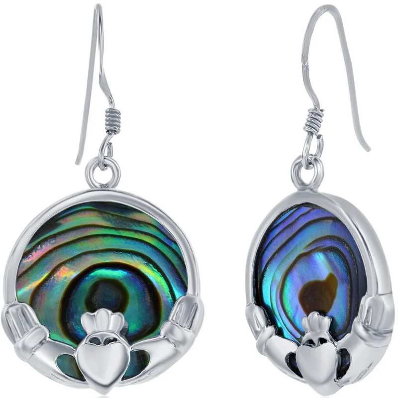 filigree drop ladies earrings-Classic Women's Earrings - Sterling Silver Abalone Round Claddagh French Wire | D-8045