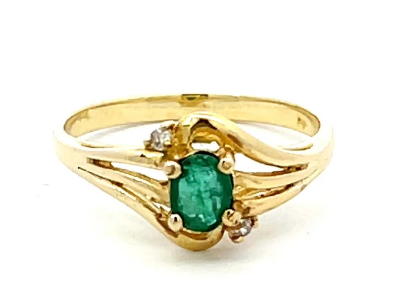 solitaire ladies ring-Oval Green Emerald and 2 Diamond Stackable Ring in 14k Yellow Gold