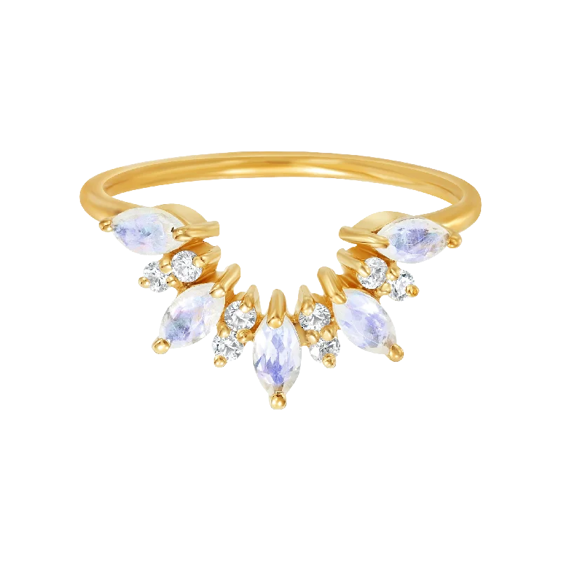 two-tone ladies ring-Rainbow Moonstone & Diamond Sunrise Arc Ring