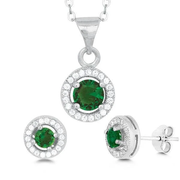 sunburst ladies earrings-Sterling Silver Round Green CZ Pendant and Earrings Set