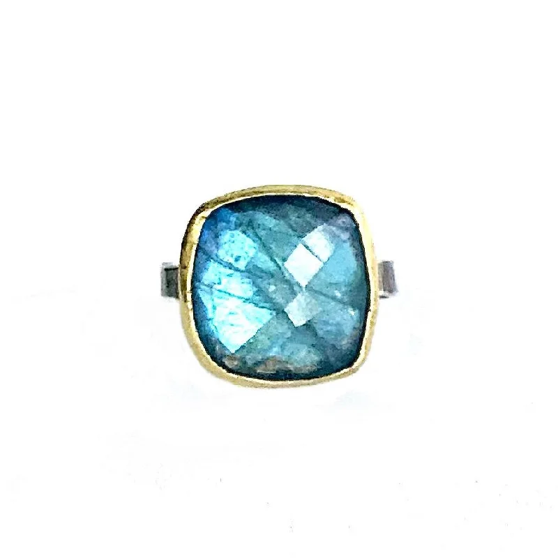 artistic handmade ladies ring-Large Faceted Cushion Labradorite Ring w/ 14k Gold Bezel & Oxidized Sterling Silver Band