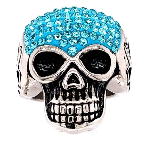 intricate band ladies ring-Skull With Tiny Blue Accent CZ Stones Stainless Steel Ring / SCR3102