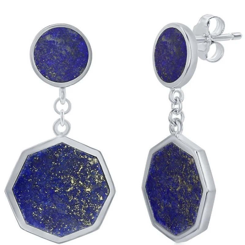 hoop and stud set ladies earrings-Classic Women's Earrings - Sterling Silver Round and Hexagon Shaped Lapis | D-7812