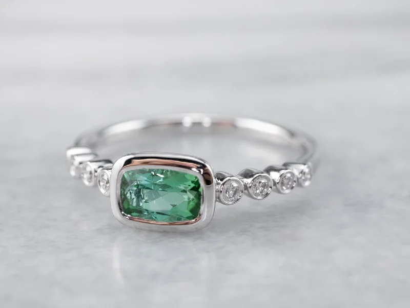 silver engagement ring for women-Sweet Green Tourmaline and Diamond Ring