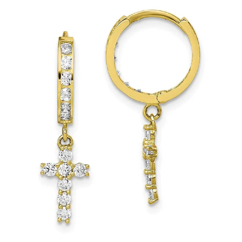 two-piece set ladies earrings-10K CZ Cross Hinged Hoop Earrings