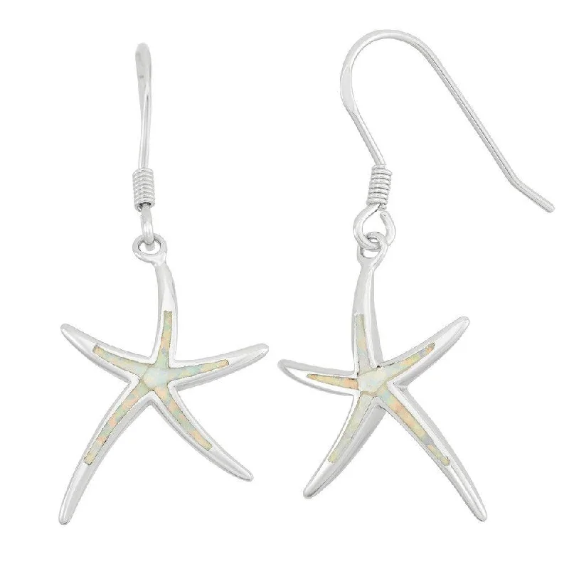 ruby ladies earrings-Sterling Silver White Inlay Opal Starfish Earrings