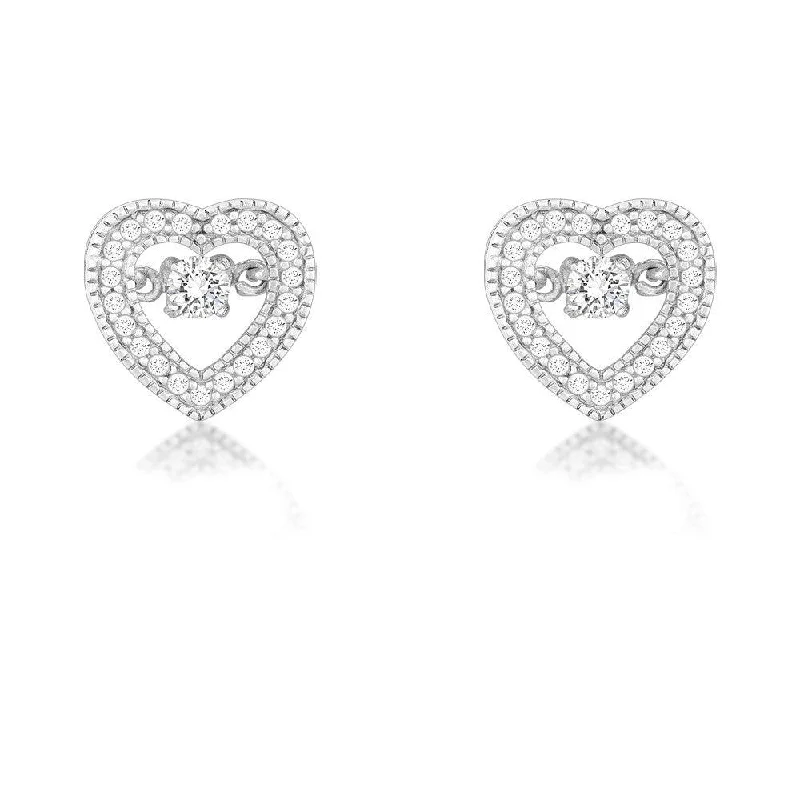 chain-link ladies earrings-Sterling Silver Micro Pave with Center Dancing-Shimmering CZ Heart Earrings