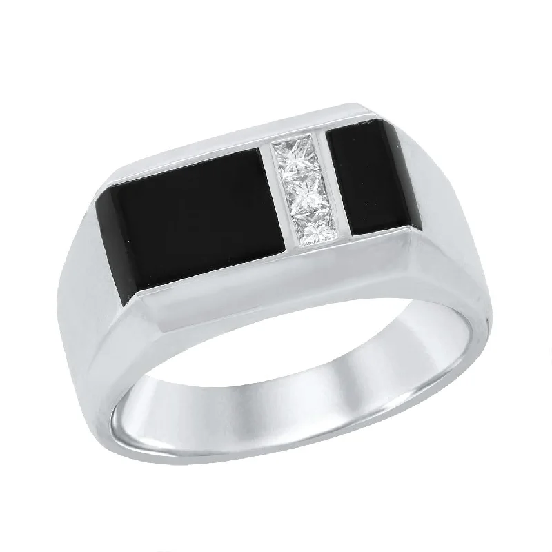 heart-shaped ladies ring-MEN'S WHITE GOLD RING WITH BLACK AGATE AND PRINCESS CUT DIAMONDS, .19 CT TW