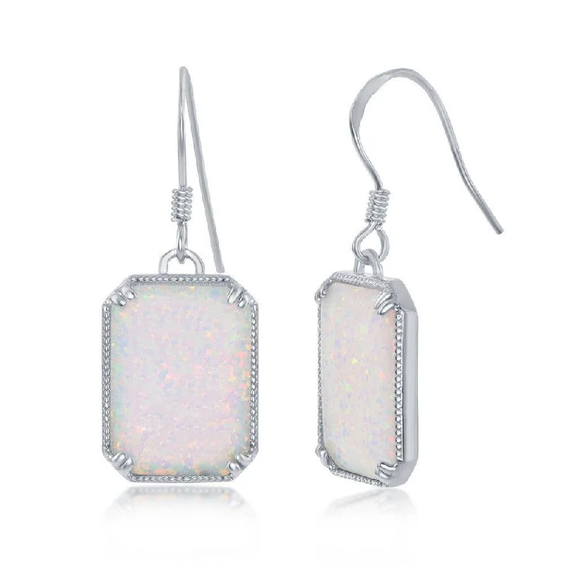 heirloom-style ladies earrings-Sterling Silver Rectangle White Opal Beaded Earrings