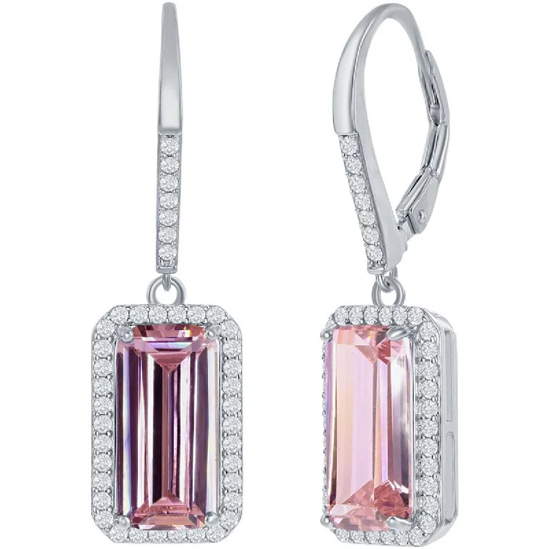 floral design ladies earrings-Classic Women's Earrings - Sterling Silver Emerald Cut Pink CZ with Halo | D-7903