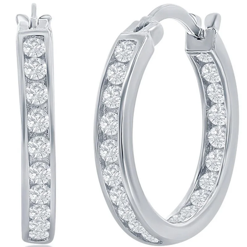 birthstone ladies earrings-Classic Women's Earrings - Silver 20mm Inside Outside Channel Set CZ Hoop | D-3494