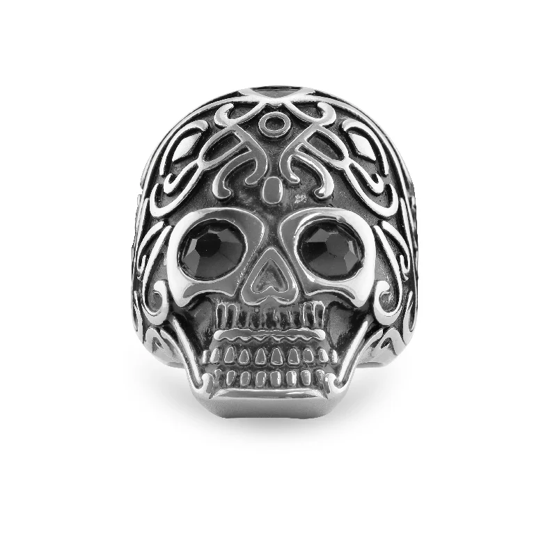 moonstone ladies ring-Black CZ Eyed Skull Stainless Steel Ring / SCR4036