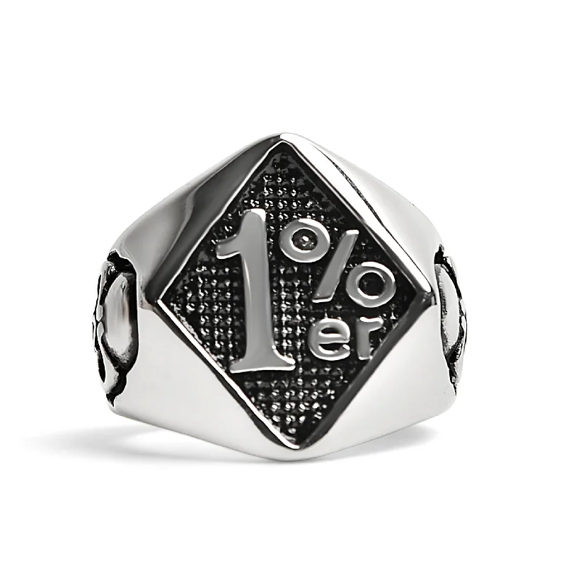 trillion-cut ladies ring-Stainless Steel "1%er" With Skull Accents Signet Ring / SCR4113