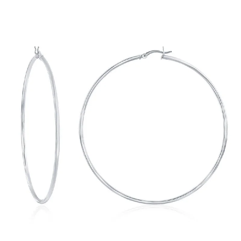 emerald-cut ladies earrings-Sterling Silver High-Polished Hoop Earrings, 2 x 70 mm