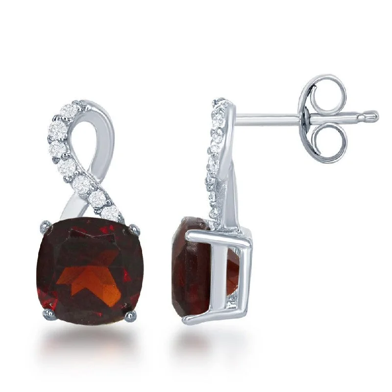 infinity ladies earrings-Sterling Silver Small Square Garnet with White Topaz on Top Earrings