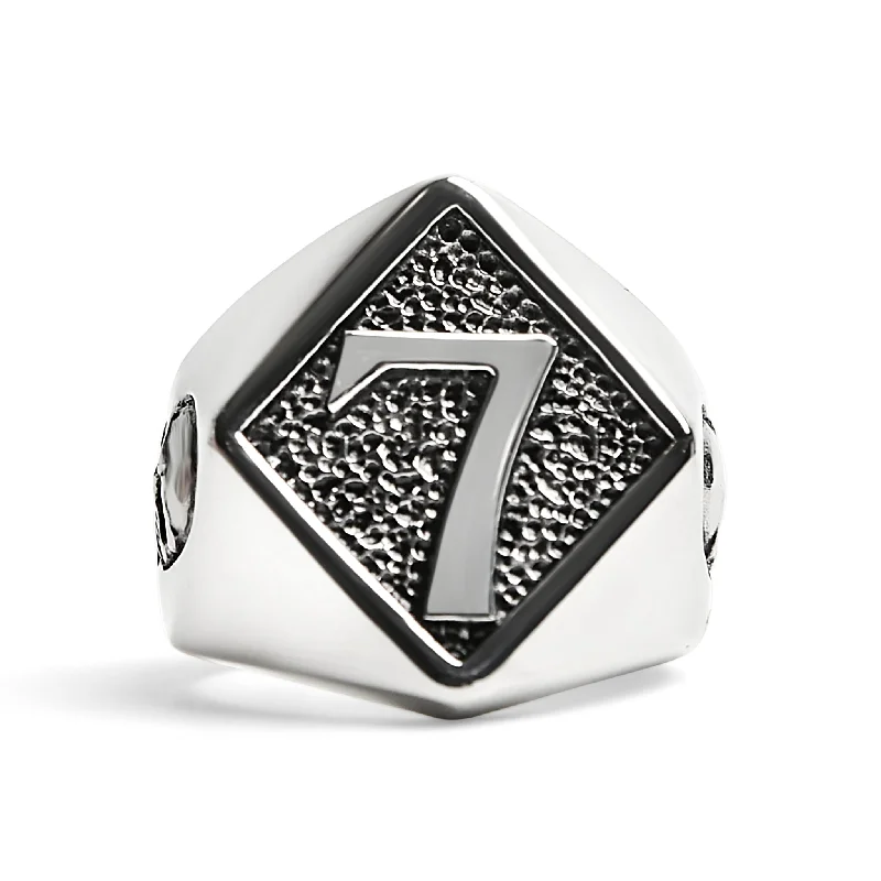 eco-friendly lab-grown ladies ring-Stainless Steel Lucky "7" With Skull Accents Signet Ring / SCR4060