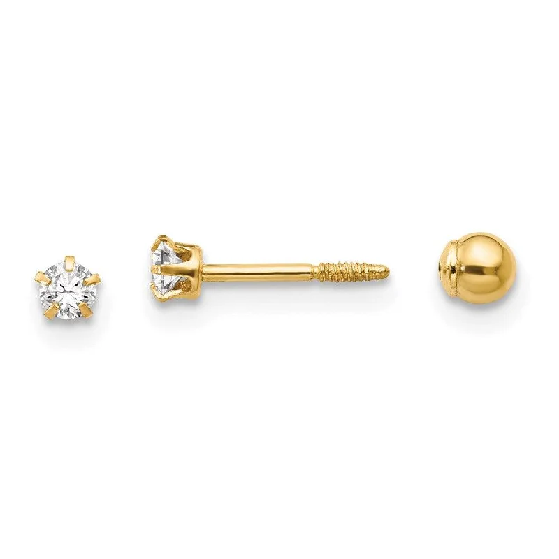 two-tone ladies earrings-Madi K Kid's 14k  Polished Reversible Crystal & 3mm Ball Earrings