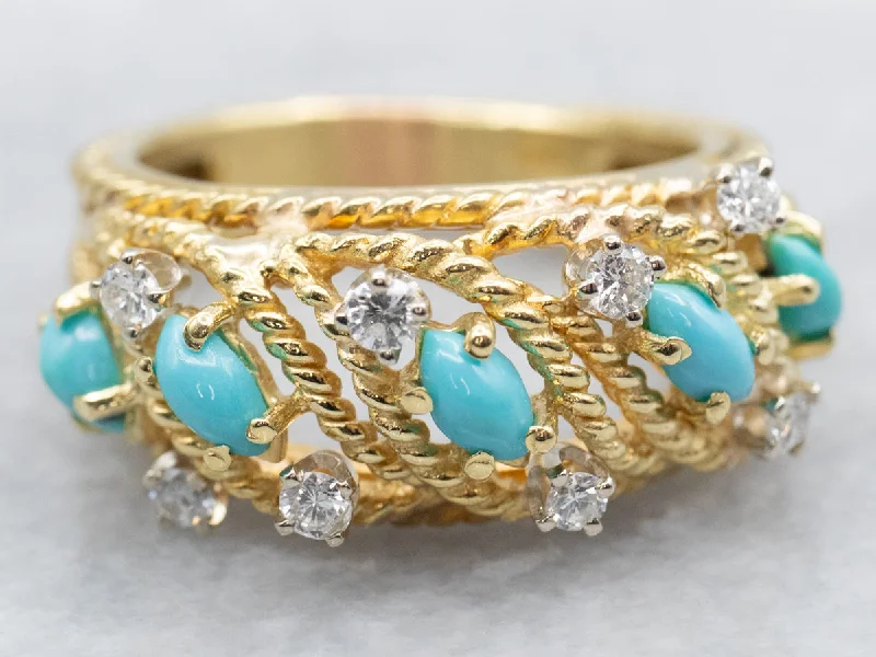 infinity engagement ring for women-Textured 18-Karat Gold Turquoise and Diamond Ring