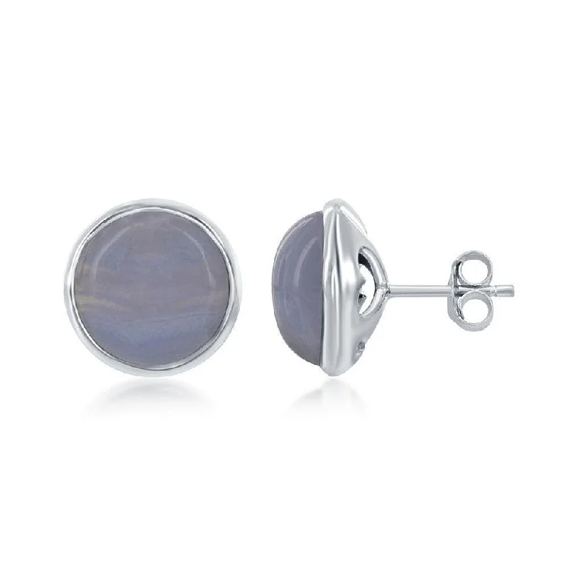 vintage ladies earrings-Sterling Silver Round Blue Lace Agate Bezel Set Stud Earrings