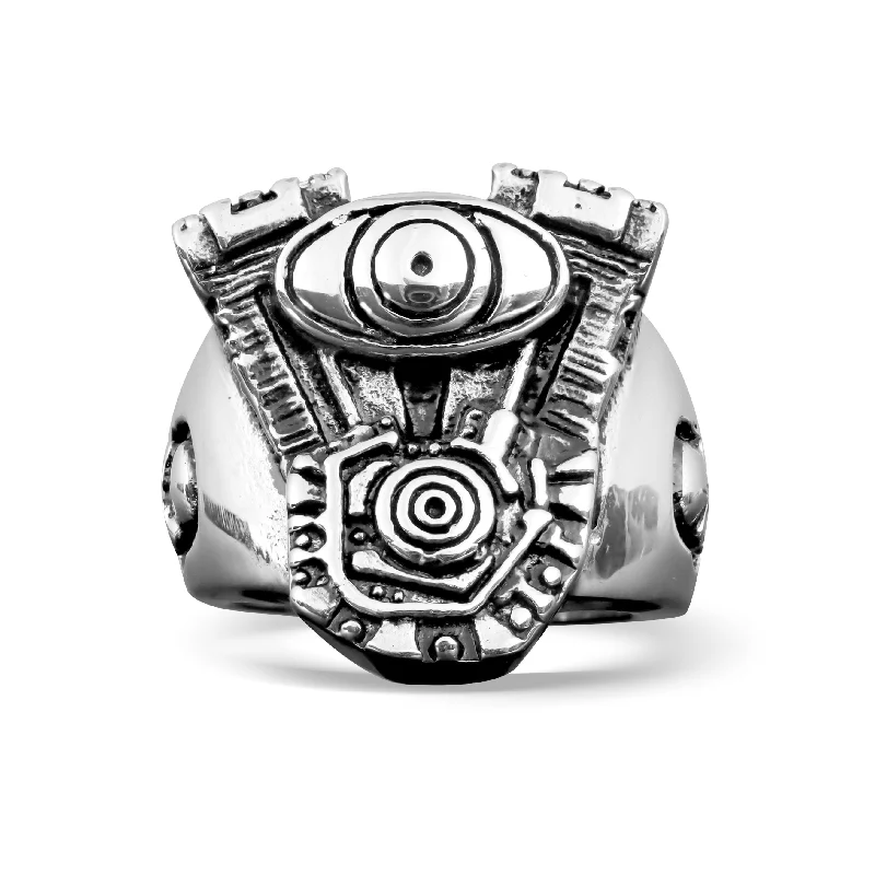 rose quartz ladies ring-Stainless Steel Motorcycle Engine With Skull Accents Ring / SCR3073