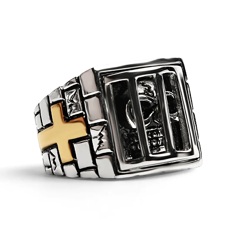 emerald-cut ladies ring-Stainless Steel Medieval Jailed Skull With 18K Gold PVD Coated Cross Accents Ring / SCR4101