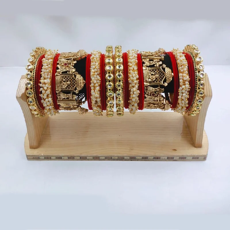 rose quartz ladies bracelet-Akruti Collection Gold Plated Kundan Stone And Pearl Bangles Set