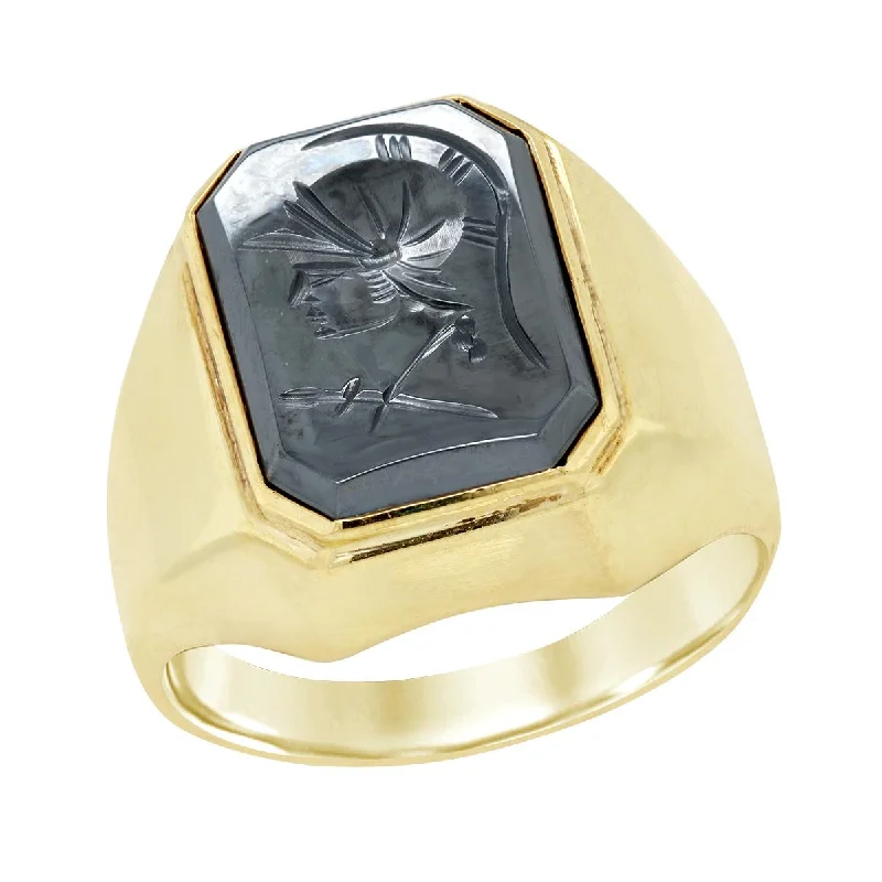 black diamond ladies ring-MEN'S YELLOW GOLD FASHION RING WITH HEMATITE INTAGLIO