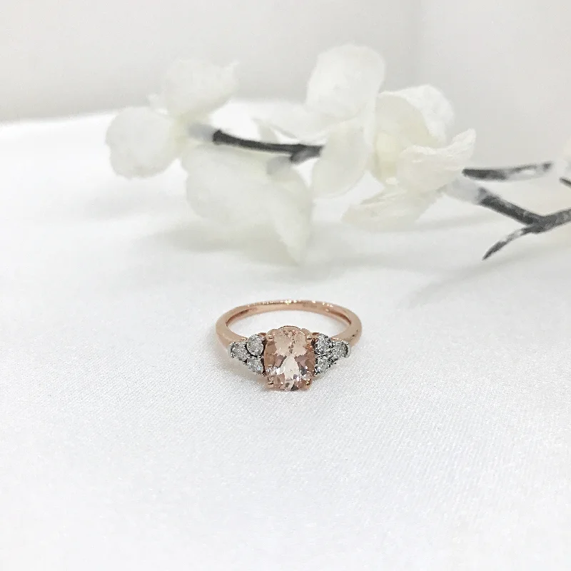 artistic sculptural engagement ring for women-10k Gold Oval Morganite and Diamond Ring