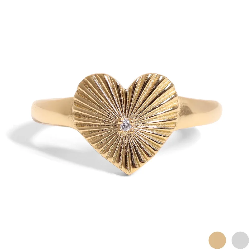 diamond ladies ring-18K Gold PVD Stainless Steel Cubic Zirconia Sunburst Heart Ring / KSS0003