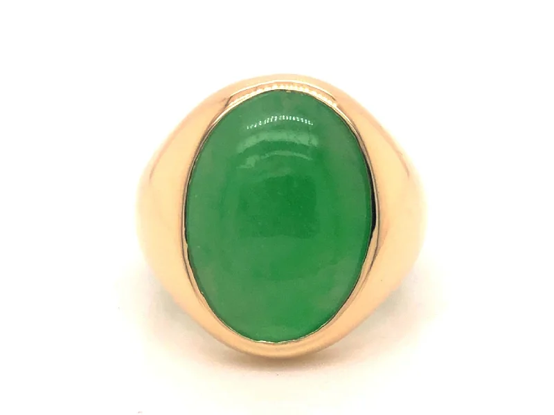 handcrafted ladies ring-Vintage Men's Oval Cabochon Green Jade Ring - 10k Yellow Gold