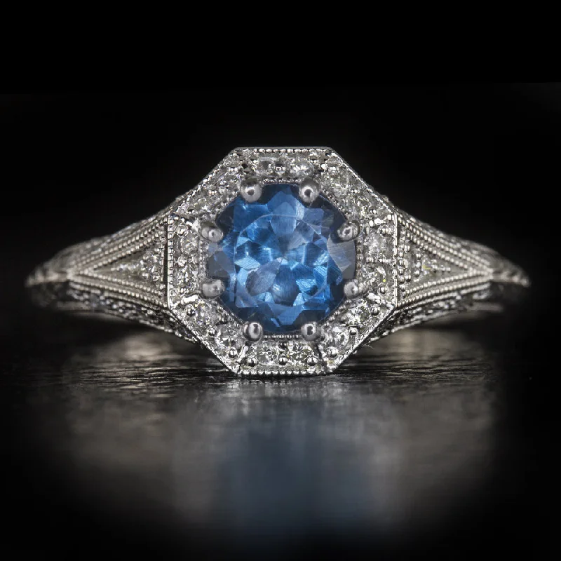 classic engagement ring for women-LONDON BLUE TOPAZ DIAMOND RING VINTAGE STYLE HALO WHITE GOLD COCKTAIL PROMISE