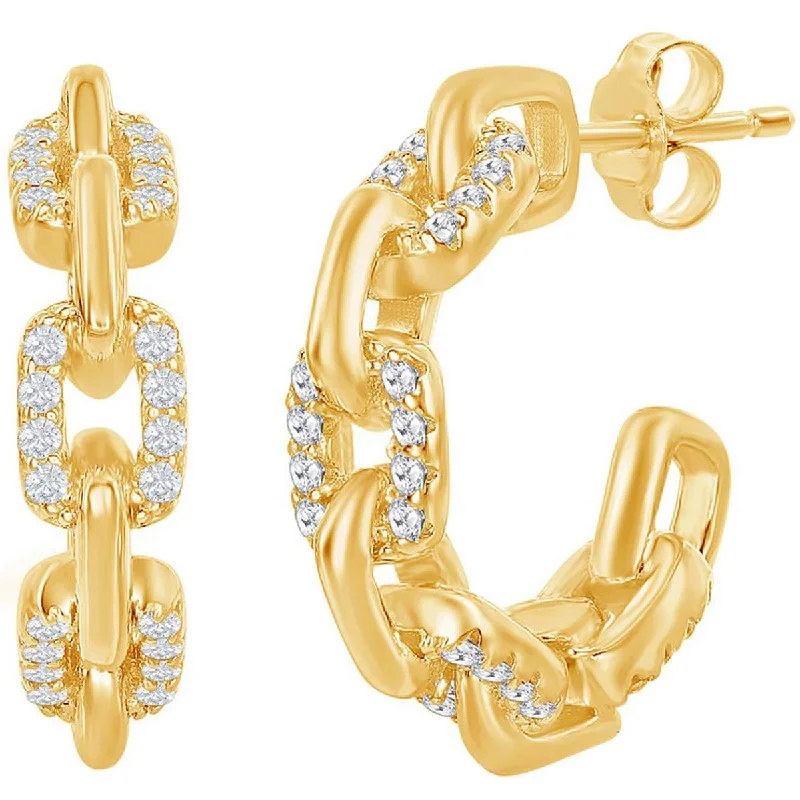 chain-link ladies earrings-Classic Women's Earrings - Gold Plated 18mm White CZ Paperclip Open Hoop | D-7832-GP