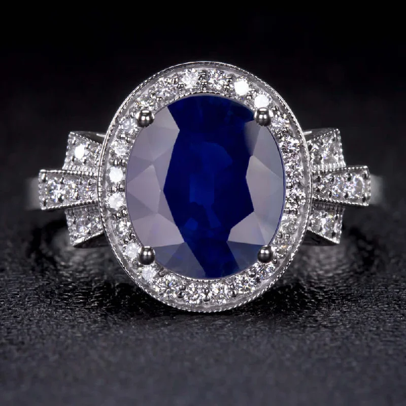 cushion-cut engagement ring for women-3.89ct GIA CERTFIED SAPPHIRE DIAMOND RING VINTAGE STYLE HALO COCKTAIL OVAL SHAPE