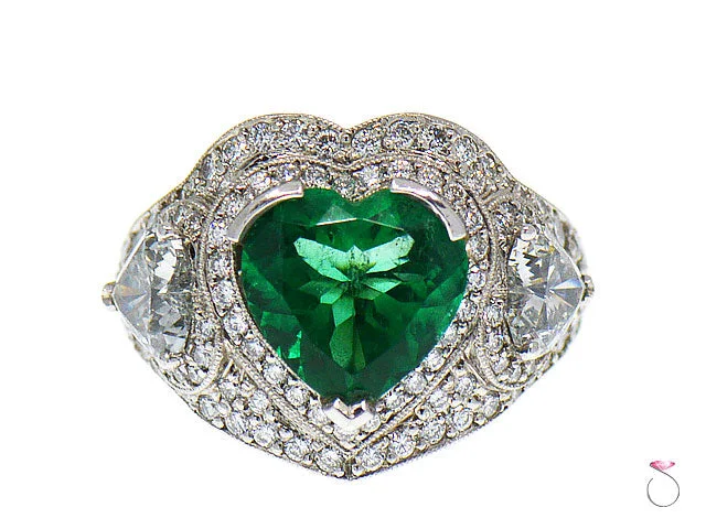 white gold ladies ring-5 Carat Fine Colombian Heart Shape Emerald & Diamond Pave' Platinum Ring, GIA