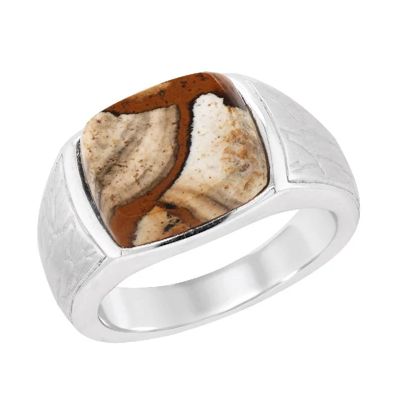 antique finish ladies ring-MEN'S STERLING SILVER FASHION RING WITH BROWN PICASSO JASPER CENTER