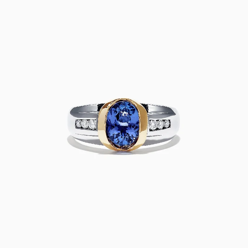 two-piece wedding set engagement ring for women-Men's 14K Two-Tone Gold Tanzanite Diamond Ring, 1.90 TCW