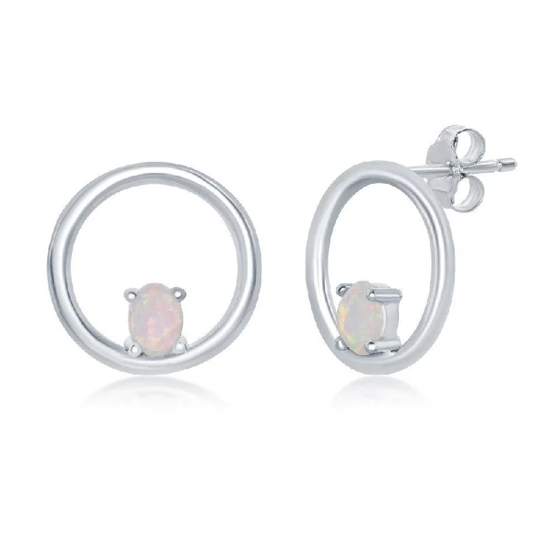 classic ladies earrings-Sterling Silver Open Circle with Four-Prong White Opal Stud Earrings