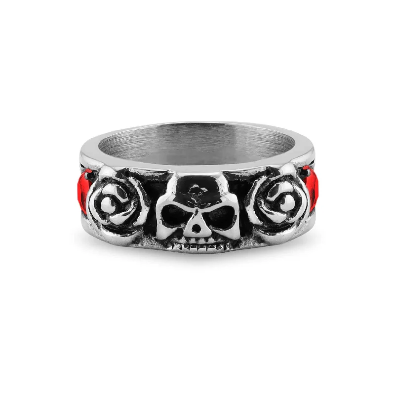 grand solitaire ladies ring-Skull And Roses With Red CZ Accents Ring / SCR3079