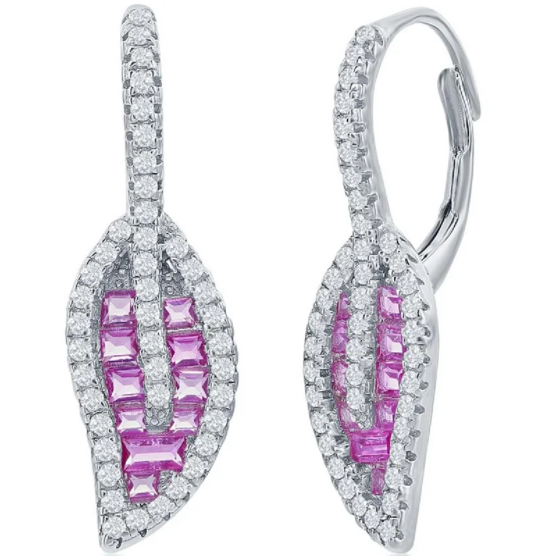 personalized name ladies earrings-Classic Women's Earrings - Light Ruby Baguette and Round CZ Leaf Lever Back | D-8160