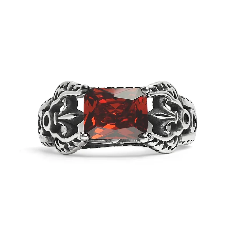 modern twisted band ladies ring-Red CZ Center Detailed Fleur De Lis Accents Stainless Steel Ring / SCR4035