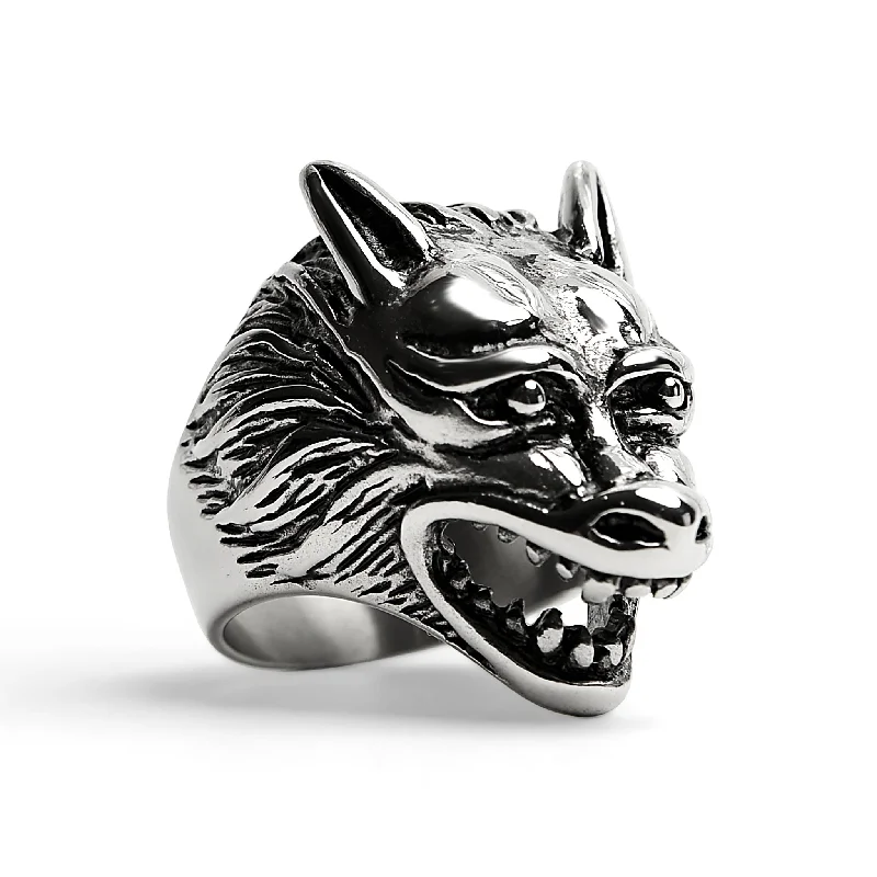 silver ladies ring-Stainless Steel Polished Snarling Wolf Ring / SCR3037