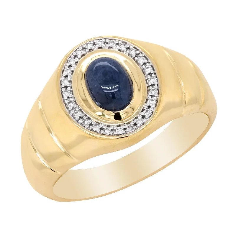 tapered baguette ladies ring-MEN'S YELLOW GOLD FASHION RING WITH OVAL SHAPED CABOCHON SAPPHIRE AND DIAMOND HALO, .08 CT TW