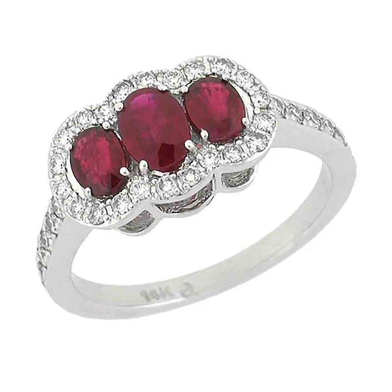 stacking bridal ladies ring-WHITE GOLD FASHION RING WITH 3 OVAL CUT RUBIES AND SIDE DIAMONDS, .52 CT TW