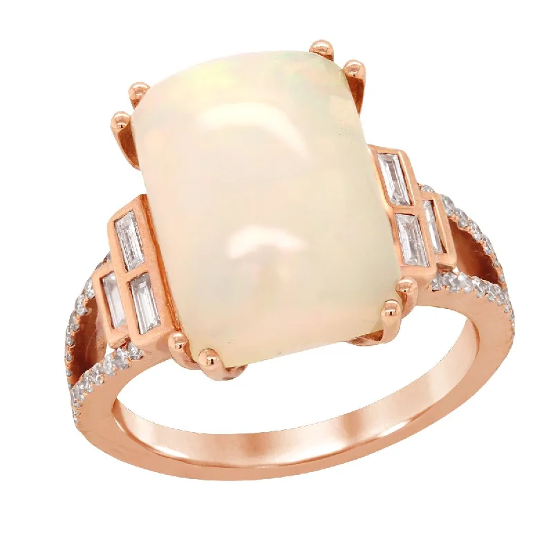 baguette-cut ladies ring-ROSE GOLD FASHION RING WITH OPAL CENTER AND BAGUETTE DIAMONDS, .49 CT TW