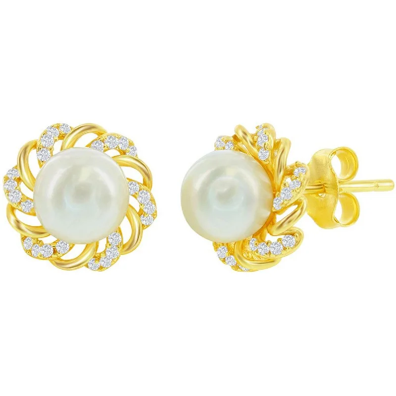 eco-friendly ladies earrings-Classic Women's Earrings - White CZ Flower Design with 7mm Round FWP Stud | D-8212